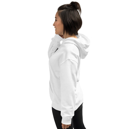White unisex hoodie, side view with hood and kangaroo pocket hem