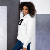 White unisex hoodie with kangaroo pocket and black front graphic