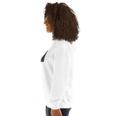 White unisex hoodie side view with hood and sleeve