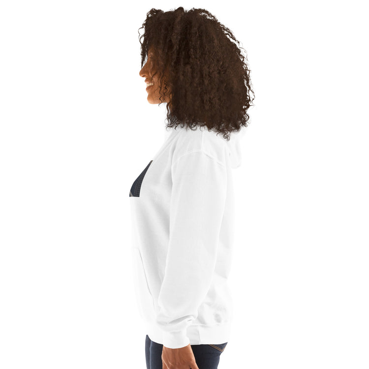 White unisex hoodie side view with hood and sleeve