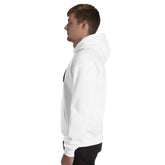 Unisex hoodie, white pullover shown from the side with hood