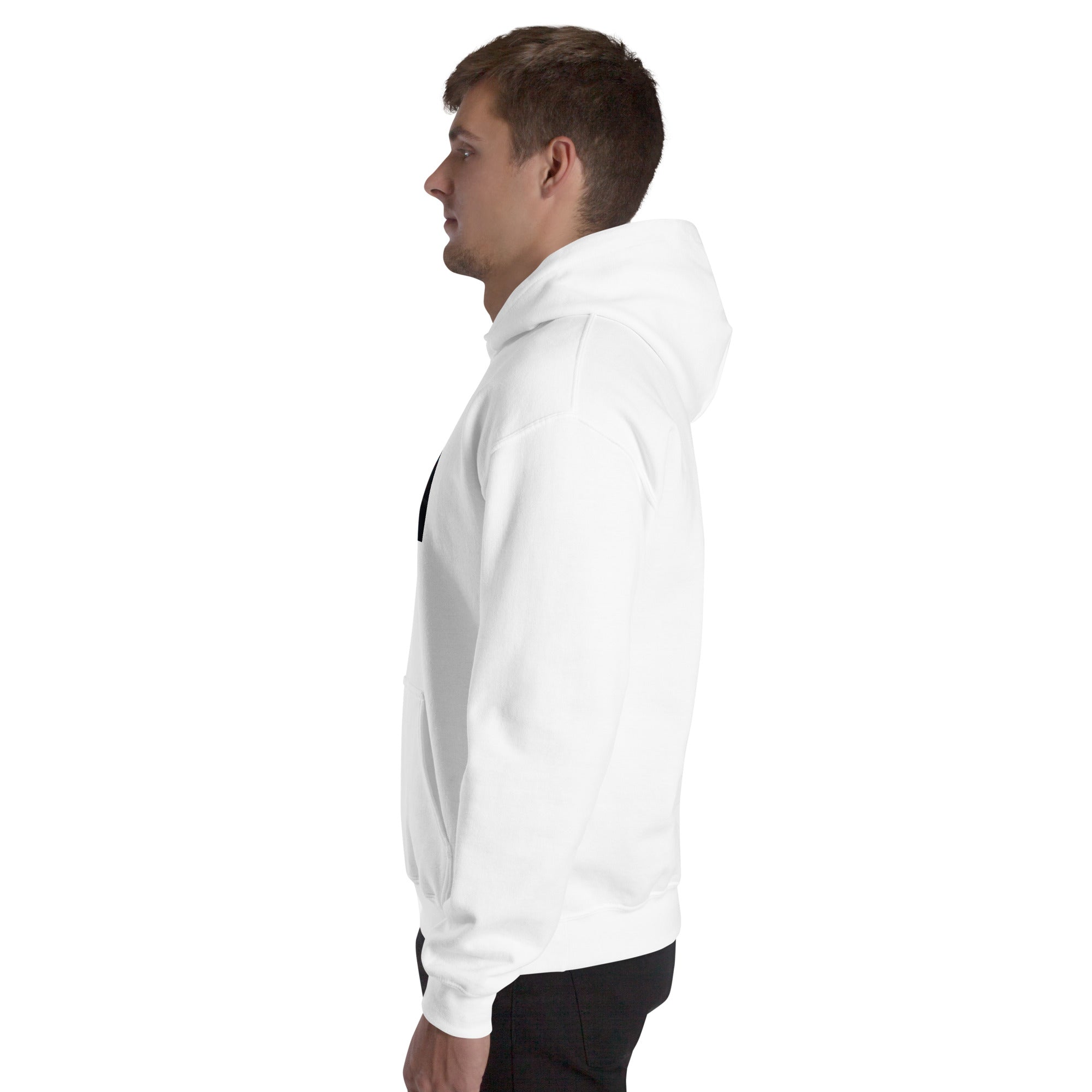 Unisex-Hoodie weiß, Seitenansicht mit Kapuze und langen Ärmeln