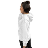 White unisex hoodie from side view, hood and kangaroo pocket