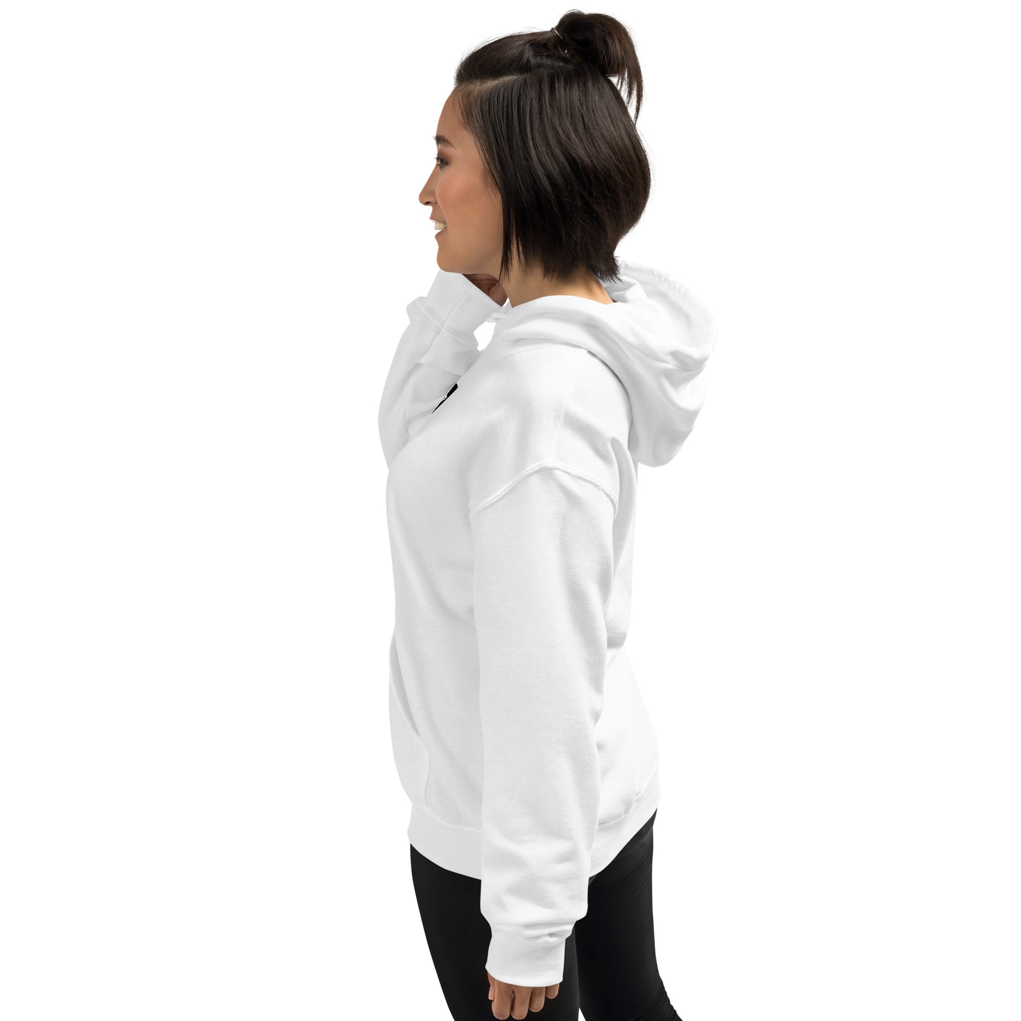White unisex hoodie from side view, hood and kangaroo pocket