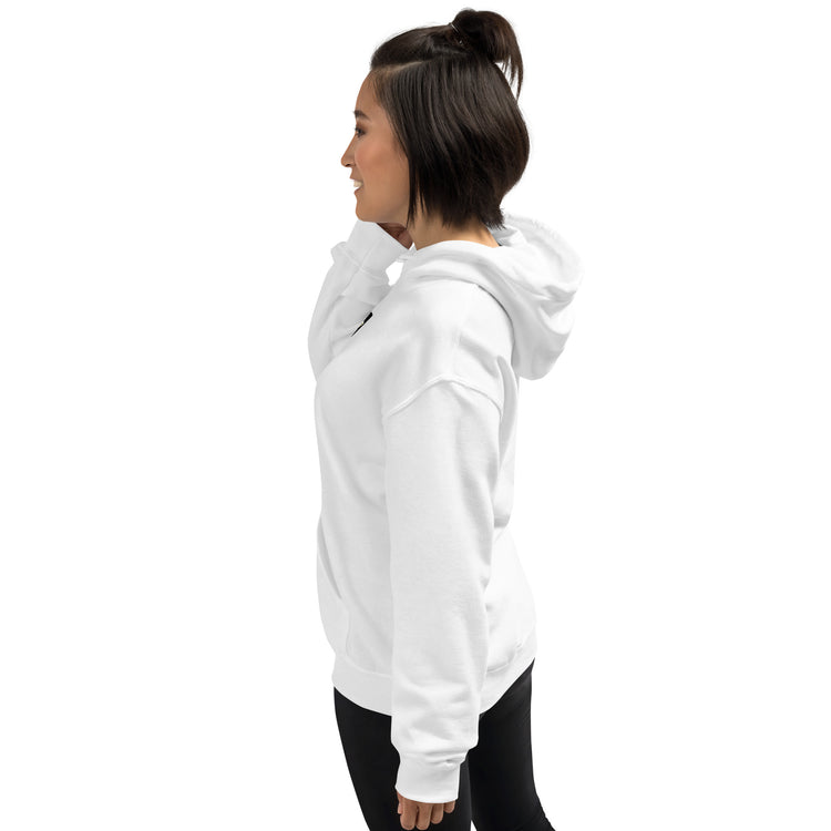 White unisex hoodie from side view, hood and kangaroo pocket