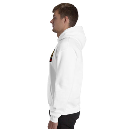 Unisex white hoodie, side view showing sleeve and hood.