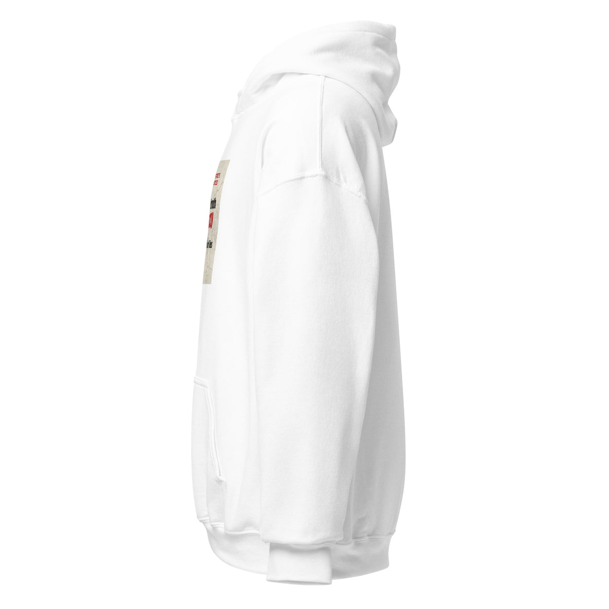 White unisex pullover hoodie, side view with hood and sleeve graphic detail