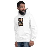 White unisex pullover hoodie with hood and front pouch; chest graphic
