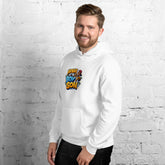White unisex hoodie, angled front view, with colorful front logo graphic