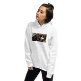 White unisex pullover hoodie with hood, kangaroo pocket, and chest graphic