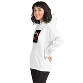 Unisex white hoodie with front graphic patch, kangaroo pocket, and hood