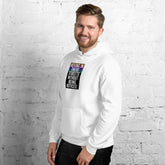 White unisex hoodie with front pouch pocket and hood, small chest text graphic