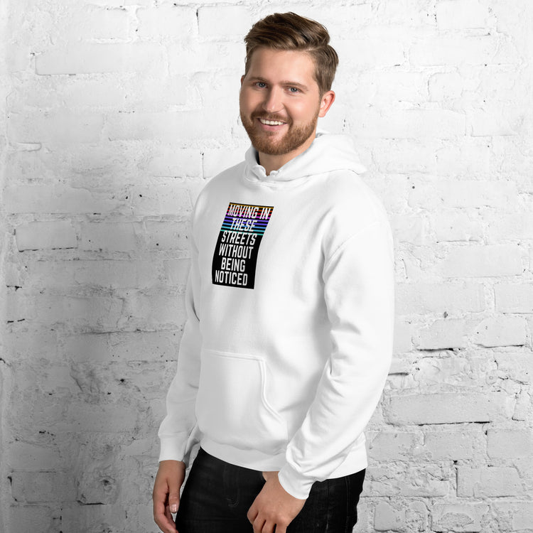 White unisex hoodie with front pouch pocket and hood, small chest text graphic