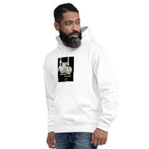 White unisex hoodie with front pocket and chest graphic print