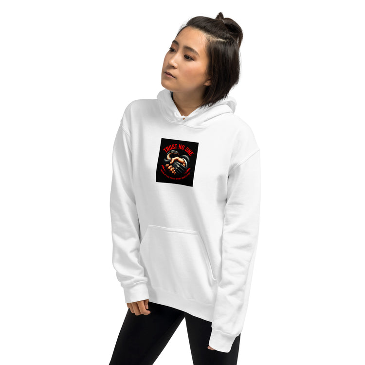 White unisex hoodie with hood, front pocket, and chest graphic patch