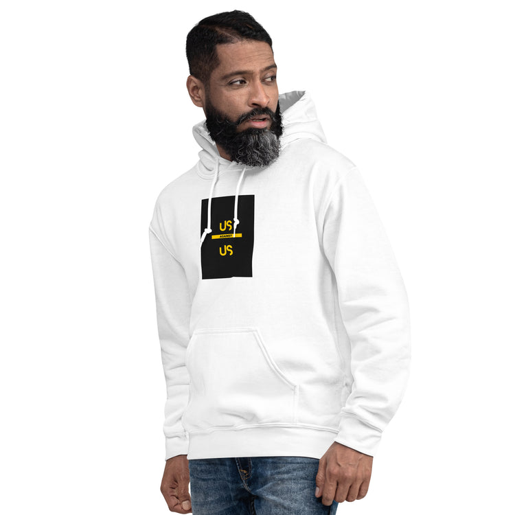 White unisex hoodie with pullover hood and kangaroo pocket, front graphic print
