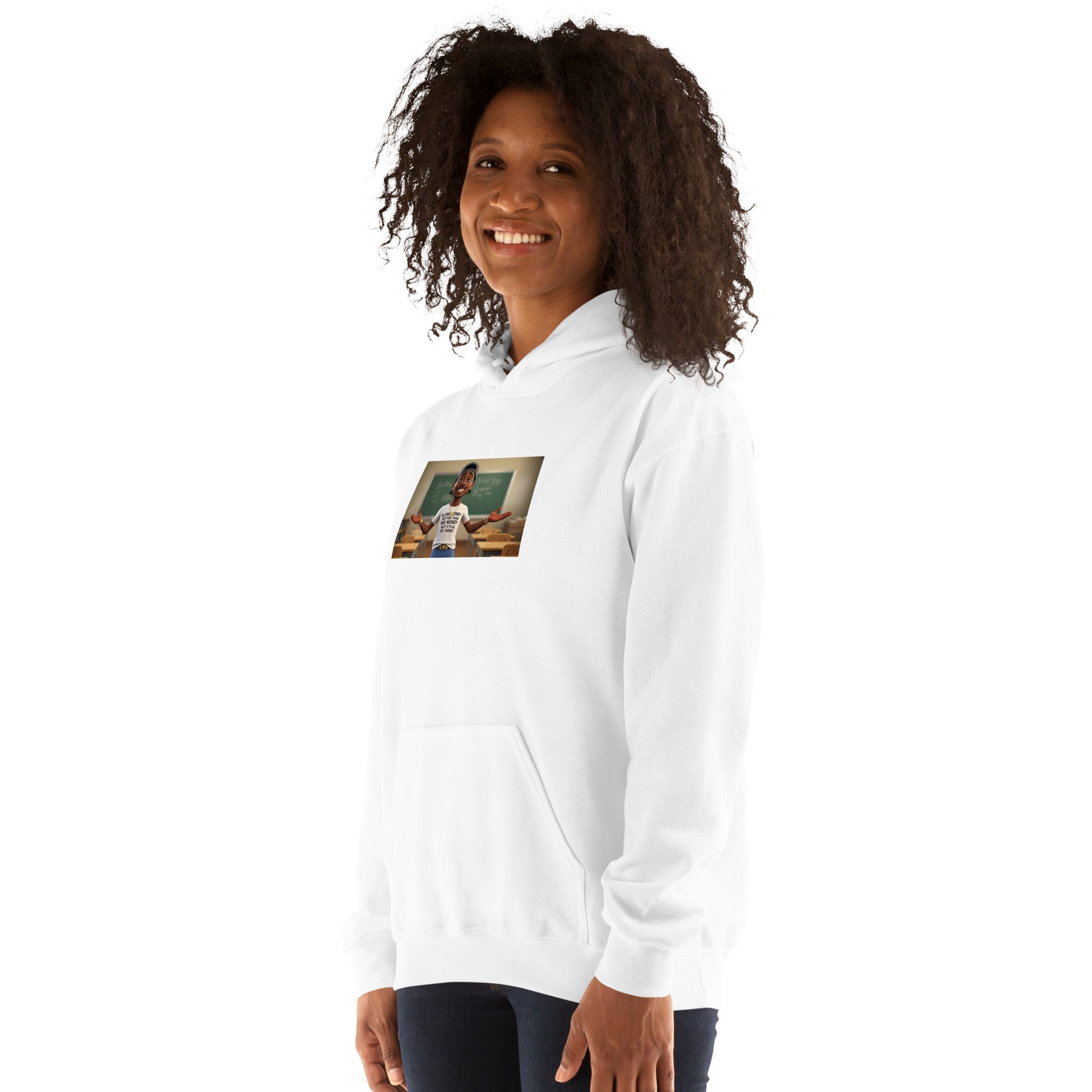 Unisex Hoodie, weiß, vordere Kapuze zugezogen, großer Brustprint