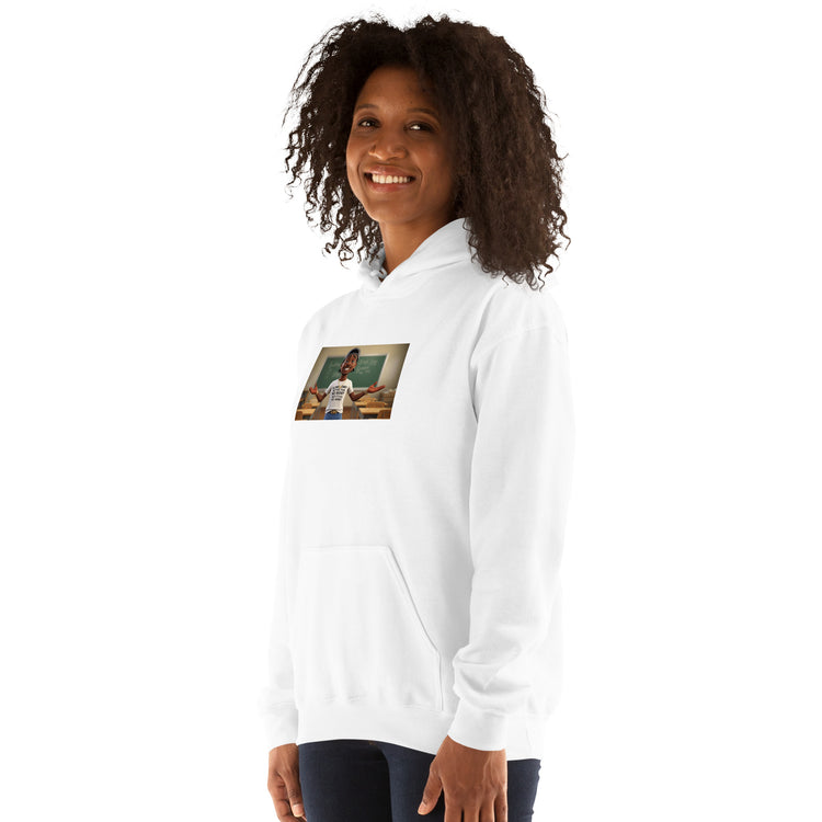 Unisex Hoodie, weiß, vordere Kapuze zugezogen, großer Brustprint