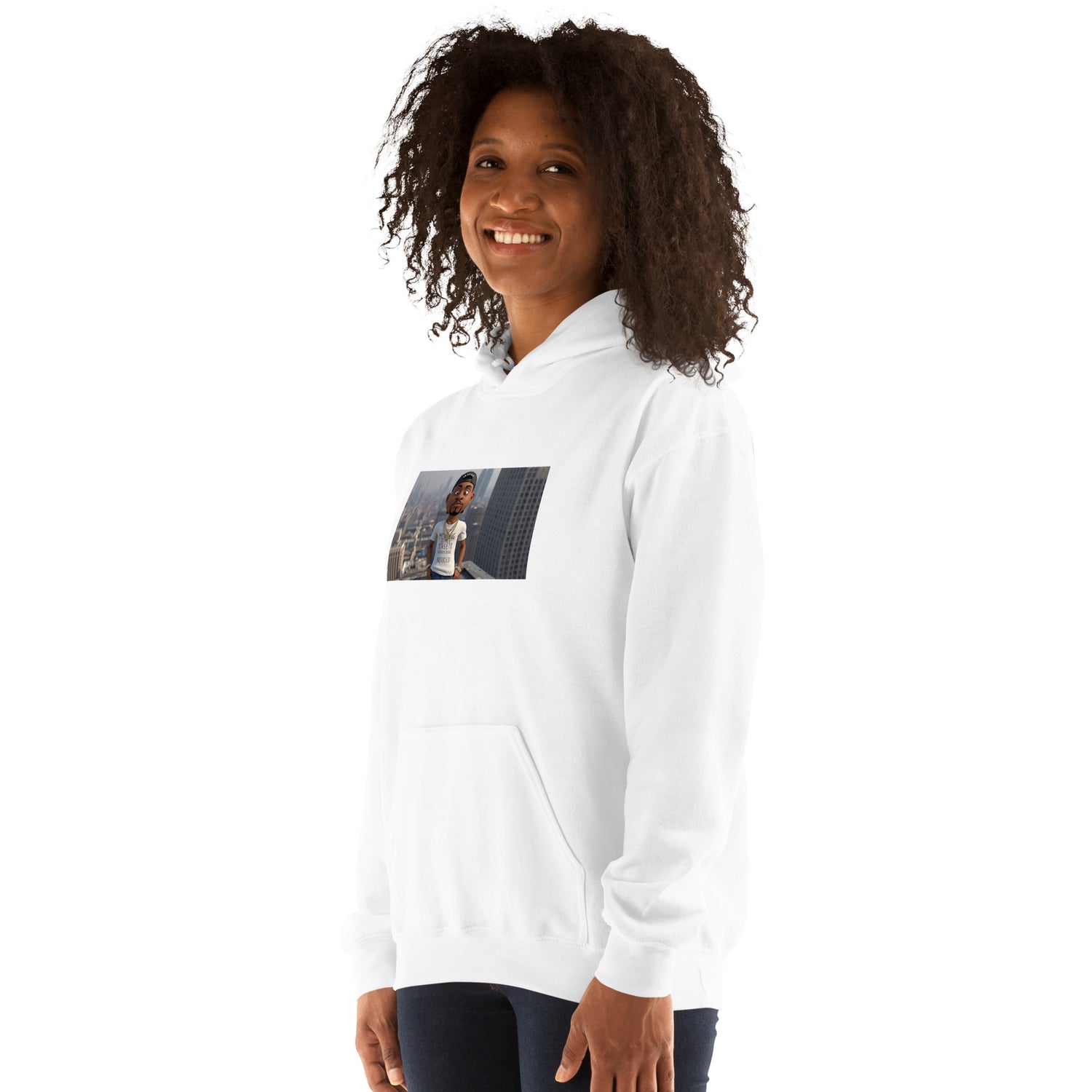 Unisex hoodie in white, front view; hood, kangaroo pocket, and chest photo graphic