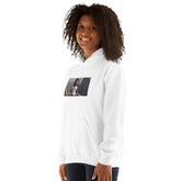 White unisex hoodie with hood, front photo graphic, and kangaroo pocket