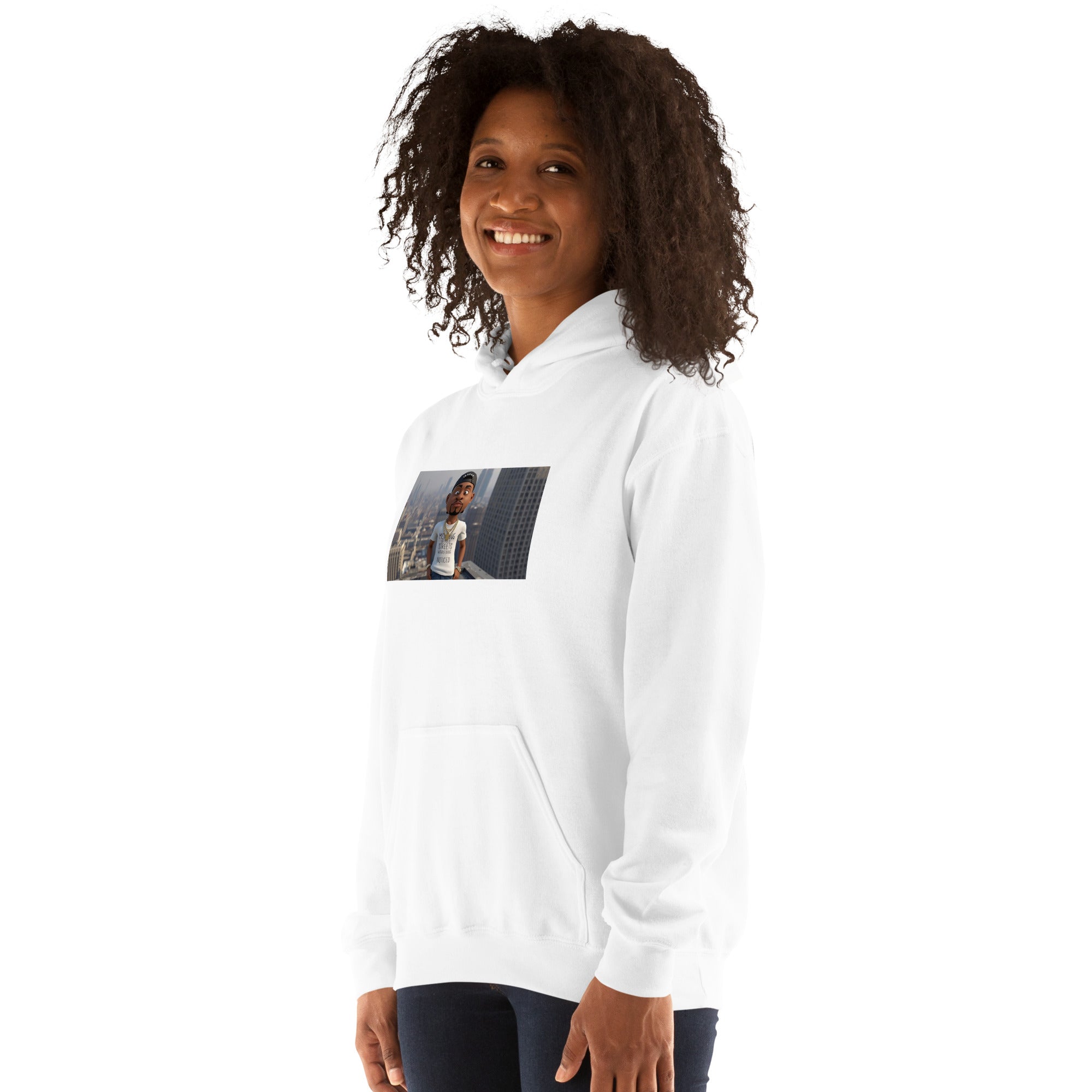 Unisex hoodie in white, front view; hood, kangaroo pocket, and chest photo graphic