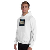 Unisex hoodie, white pullover with hood and “Streets Speak” logo patch