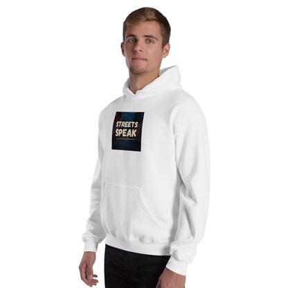 Unisex-Hoodie weiß mit Frontprint „STREETS SPEAK“ und Kängurutasche