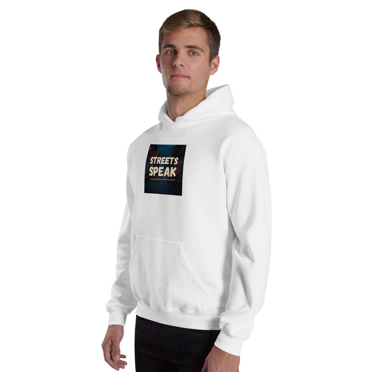 Unisex hoodie, white pullover with hood and “Streets Speak” logo patch