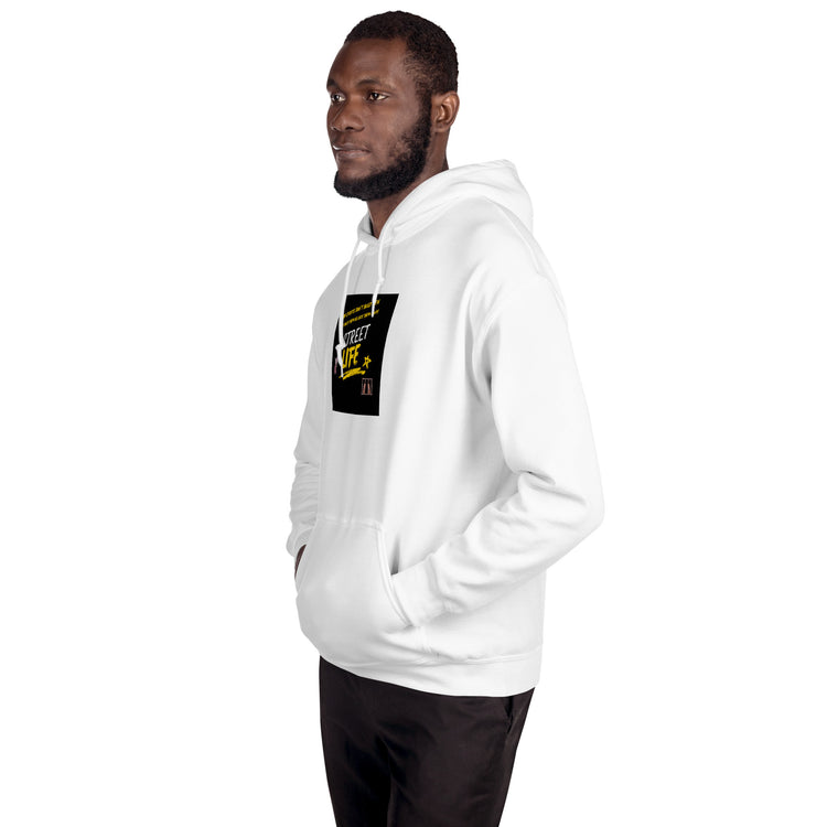 White unisex pullover hoodie with hood and front pouch pocket