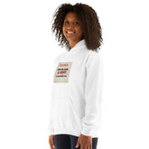 White unisex hoodie with chest graphic, angled front view