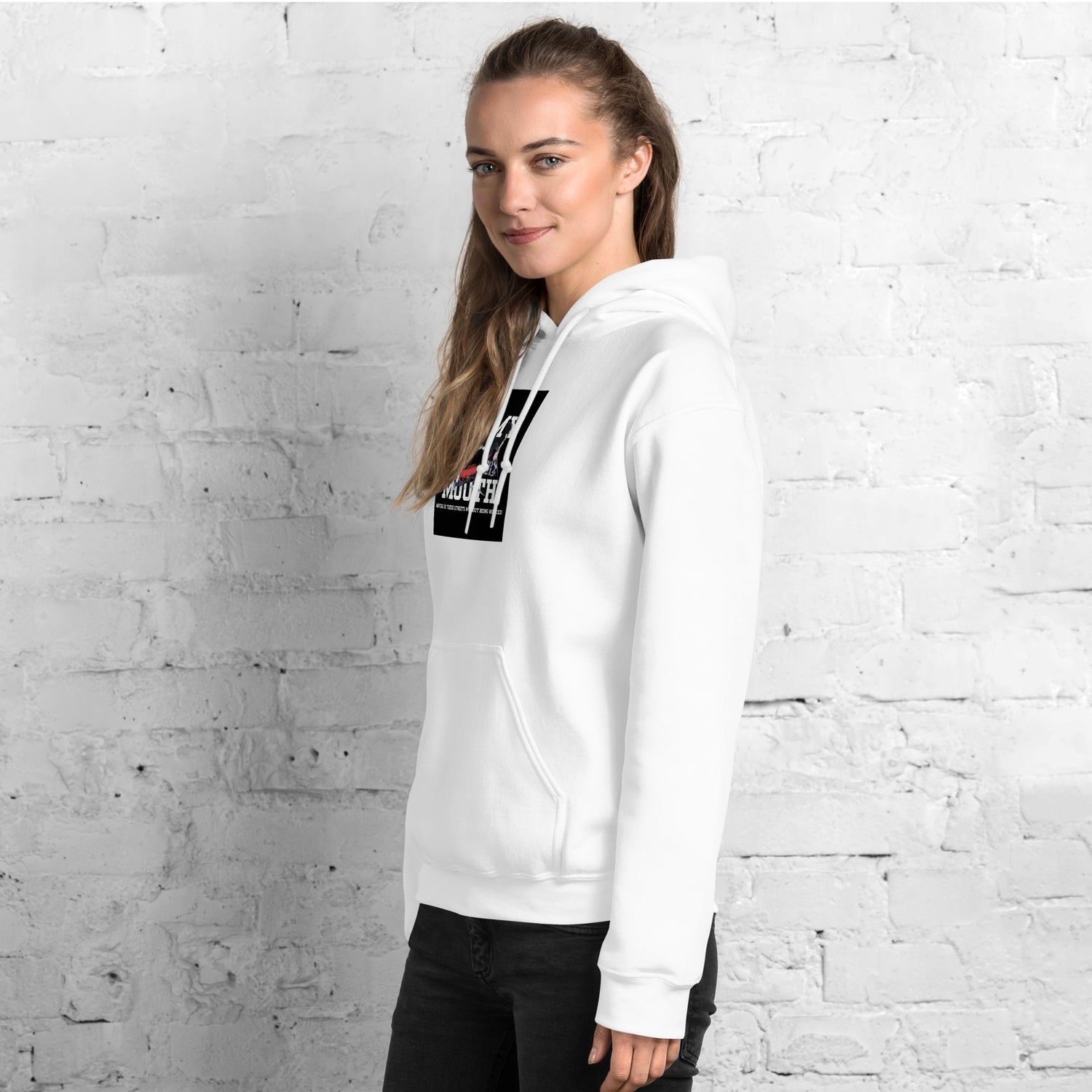 Unisex hoodie in white, front logo print, hood with drawstring, kangaroo pocket