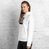 White unisex hoodie with hood, front pocket, and mouth graphic on chest