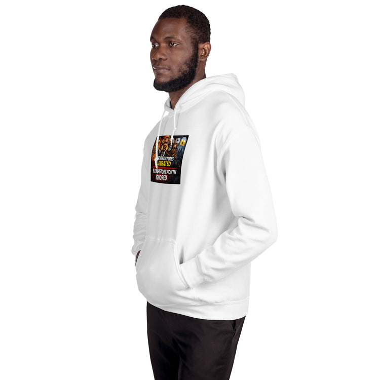 Black History Month unisex hoodie in white with hood, kangaroo pocket, chest print