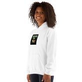 White pullover hoodie with hood and chest graphic logo, front three-quarter view