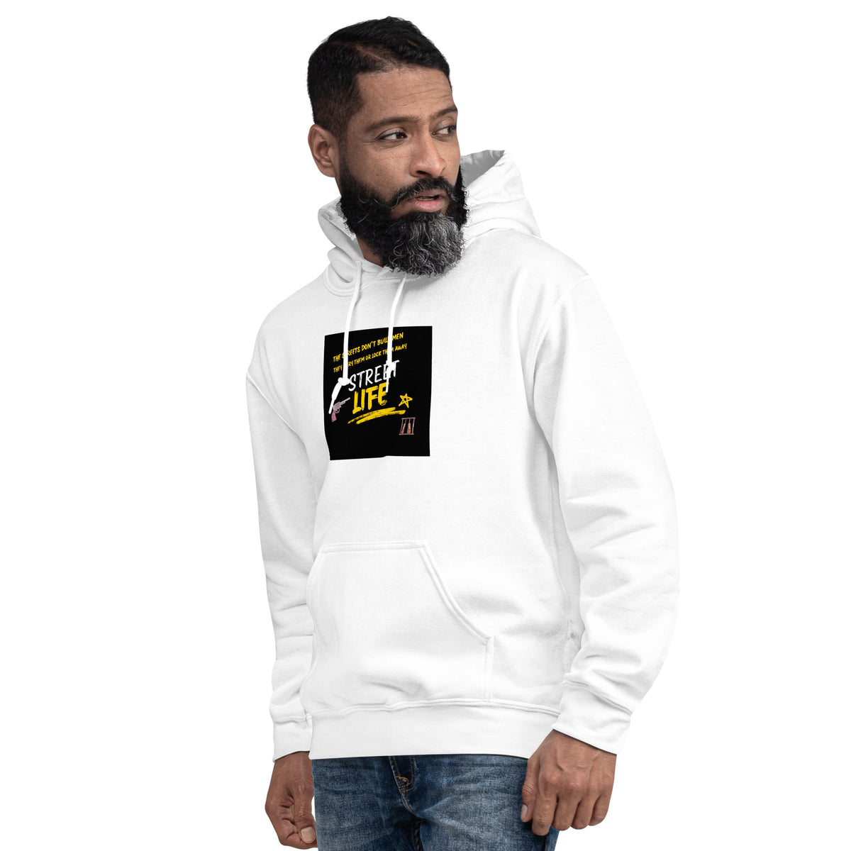 White unisex pullover hoodie with front graphic patch and hooded neckline