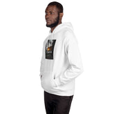 White hoodie side view with front graphic print