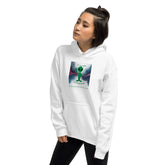 White pullover hoodie with front graphic print and kangaroo pocket