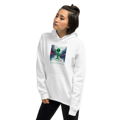 White pullover hoodie with front graphic print and kangaroo pocket