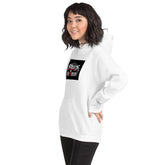 White unisex hoodie with front graphic logo, kangaroo pocket, and drawstring hood