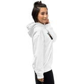 White unisex pullover hoodie side profile with hood and kangaroo pocket