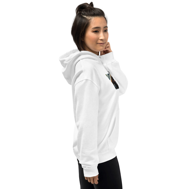 White unisex pullover hoodie side profile with hood and kangaroo pocket