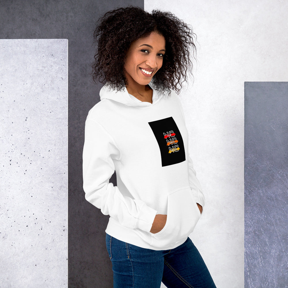 Weiße Unisex-Hoodie mit Kapuze, großer schwarzer Brust-Logo-Druckfläche