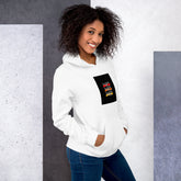 White unisex hoodie with chest square graphic, kangaroo pocket, ribbed hood