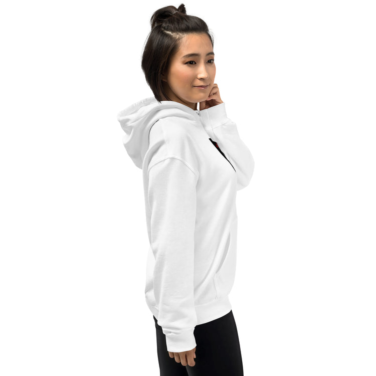White unisex hoodie side profile with hood and front pocket