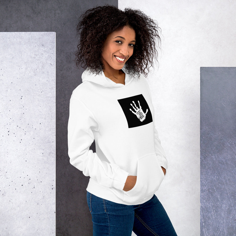 White unisex hoodie with black handprint graphic, front pocket and hood