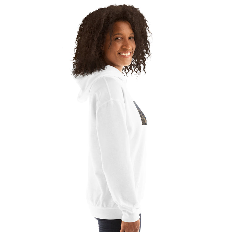 White unisex hoodie front three-quarter view with chest photo graphic