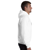 Unisex hoodie, white pullover shown from the back with hood