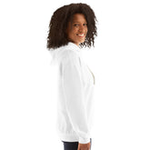 White unisex hoodie with hood, front side view