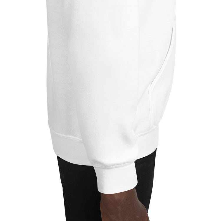 Black History Month unisex hoodie in white, draped hem and sleeve pocket detail