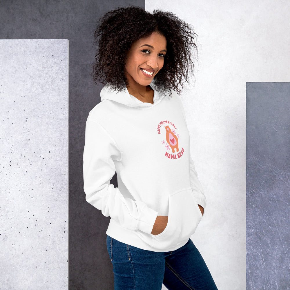 Happy Mothers Day unisex hoodie in white, front chest graphic, pullover hood